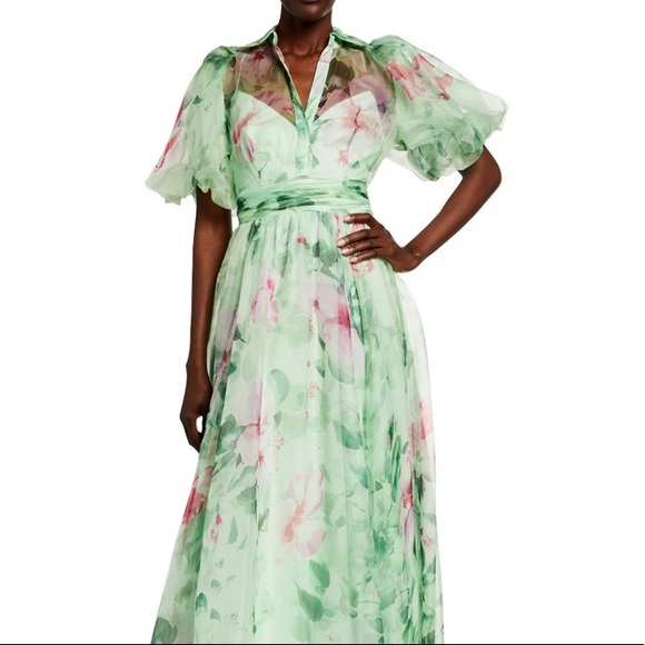 Badgley Mischka Organza Puff-Sleeve Gown - Picture 2 of 7